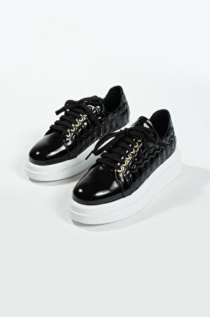 Kadın Deri Sneaker Siyah Rugan