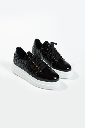 Kadın Deri Sneaker Siyah Rugan