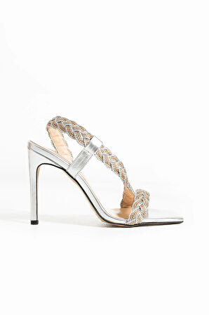 Kadın Hakiki Deri Topuklu Ayakkabı Gümüş Dore