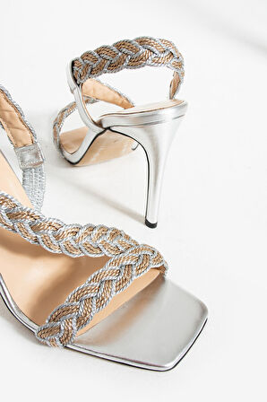 Kadın Hakiki Deri Topuklu Ayakkabı Gümüş Dore