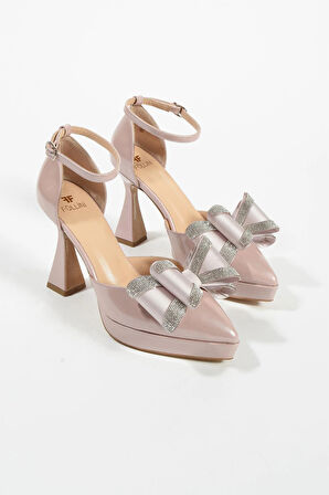 Kadın Hakiki Deri Platform Topuklu Ayakkabı Pudra