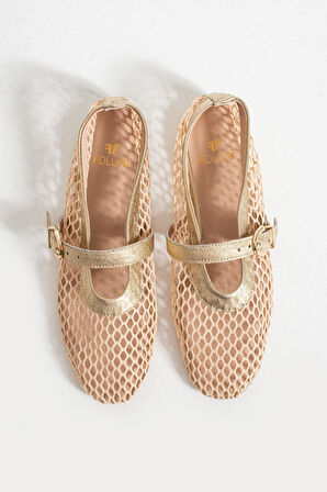 Kadın Hakiki Deri Fileli Babet Altın