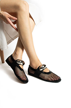 Kadın Hakiki Deri Fileli Babet Siyah