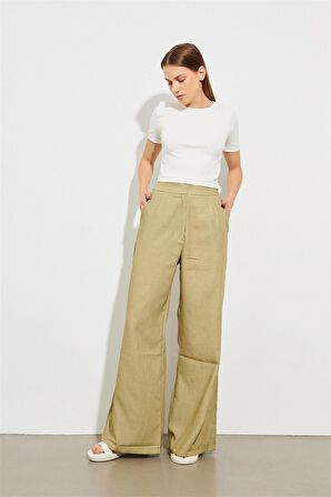  Bol Paça Yüksek Bel  Pantolon Açık Haki  