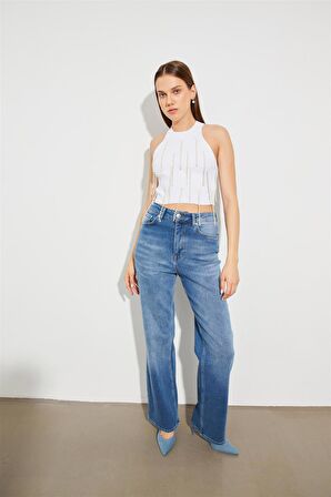 Suni İncili Triko Crop Top Beyaz