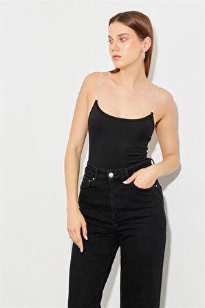 Taş detaylı Sırt dekolteli Askılı Siyah Bodysuit