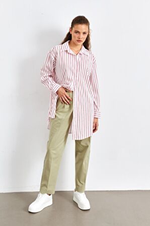 Oversize Kırmızı Çizgili Beyaz Kadın Gömlek