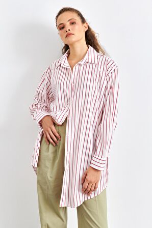 Oversize Kırmızı Çizgili Beyaz Kadın Gömlek