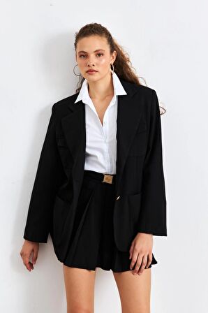 Cep Detaylı Oversize Siyah Blazer Ceket