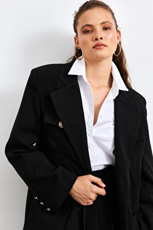 Cep Detaylı Oversize Siyah Blazer Ceket