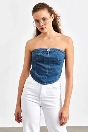 Düz Yakalı Kemerli Koyu Mavi Kadın Denim  Crop Top 