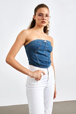 Düz Yakalı Kemerli Koyu Mavi Kadın Denim  Crop Top 