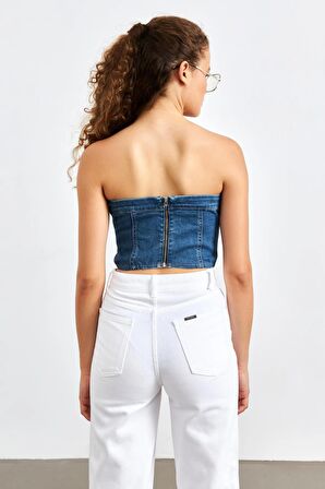 Düz Yakalı Kemerli Koyu Mavi Kadın Denim  Crop Top 