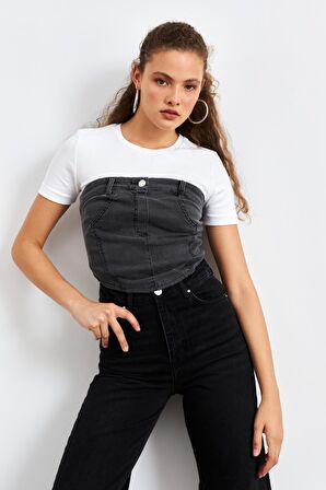 Düz Yakalı Kemerli Antrasit Kadın Denim Crop Top