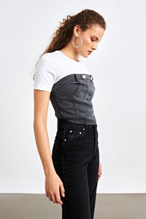 Düz Yakalı Kemerli Antrasit Kadın Denim Crop Top