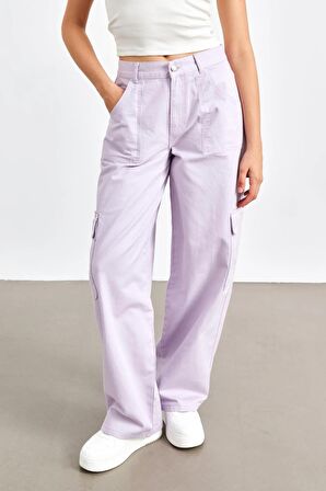 Yüksek Bel Kargo Cepli Lila Kadın Jean