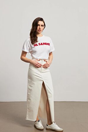 Yüksek Bel Ekru Yırtmaçlı Uzun Denim Midi Etek