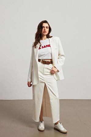 Yüksek Bel Ekru Yırtmaçlı Uzun Denim Midi Etek