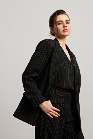 Oversize Çizgili Siyah Kadın Blazer Ceket