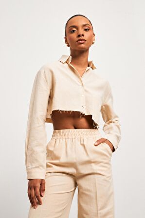 Keten Crop Krem Kadın Gömlek