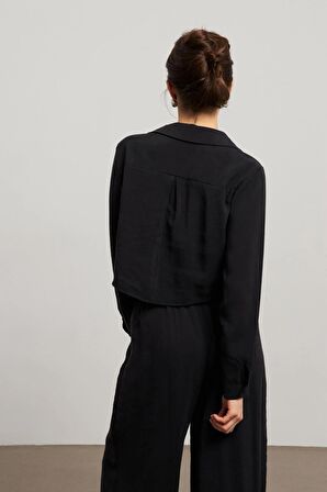 Tensel Kumaş Crop Siyah Kadın Gömlek