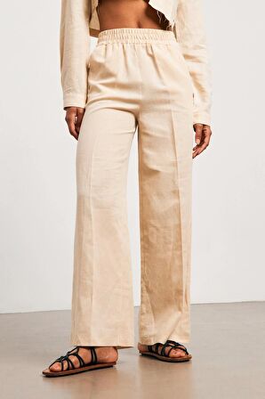 Keten Beli Lastikli Krem Kadın Pantolon