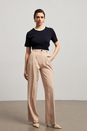 Yüksek Bel Bol Paça Bej Kadın Pantolon