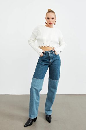 Yüksek Bel Parçalı Straight Mavi Kadın Jean