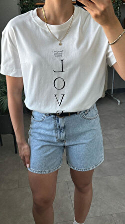 Bisiklet Yaka Love Baskılı Beyaz Kadın Oversize T-shirt