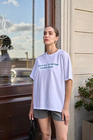 Bisiklet Yaka Yazılı Beyaz Kadın Oversize T-shirt