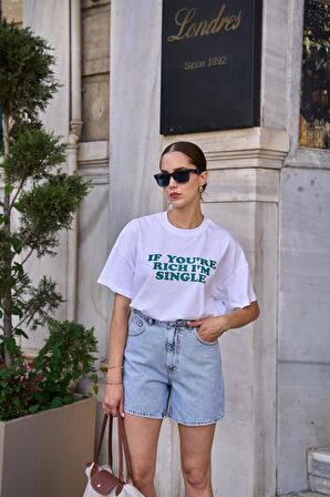 Bisiklet Yaka Yazılı Beyaz Kadın Oversize T-shirt