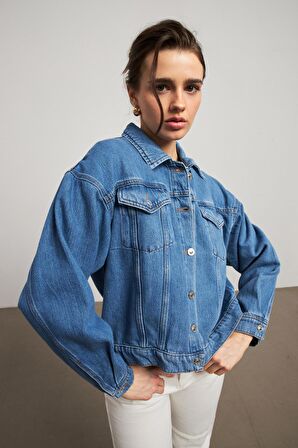 Nakışlı Oversize Mavi Kadın Denim Ceket