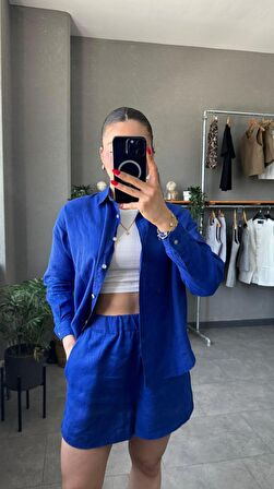 Oversize Keten Saks Mavi Kadın Gömlek