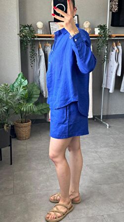 Oversize Keten Saks Mavi Kadın Gömlek
