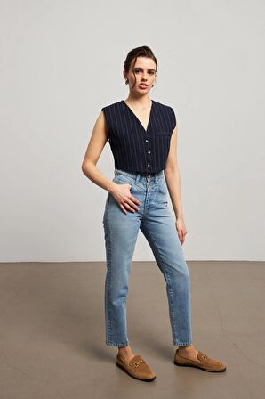 Bel Detaylı Yüksek Bel Mavi Kadın Skinny Jean