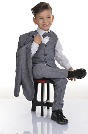 Gri Yelekli Papyonlu Erkek Çocuk Takım Elbise