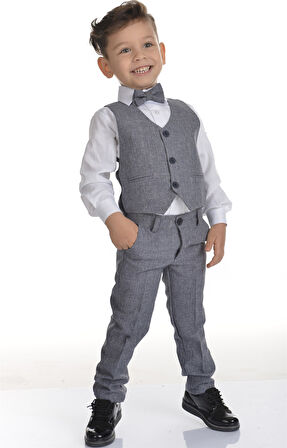 Gri Yelekli Papyonlu Erkek Çocuk Takım Elbise
