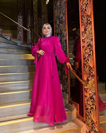 3023 Kuşaklı Gögüs Drape Şifon Elbise