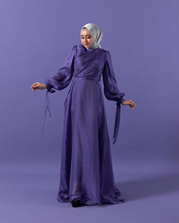3023 Kuşaklı Gögüs Drape Şifon Elbise