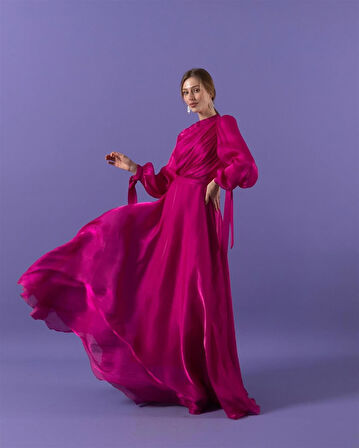 3023 Kuşaklı Gögüs Drape Şifon Elbise