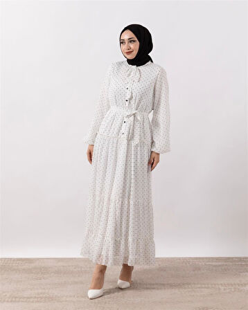 3036 Yakadan Fularl Kuşaklı Puantiye Desenli Yoryo Elbise