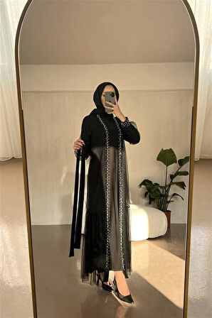 3153 Tül Feraceli Boydan Ve Manşeti İnci Detaylı Kuşaklı Takım