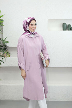 7383 Kol Katlamalı Süs Cepli Keten Gömlek Tunik