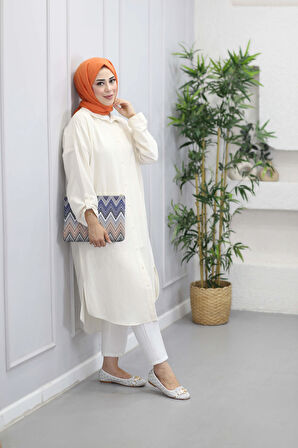 7383 Kol Katlamalı Süs Cepli Keten Gömlek Tunik