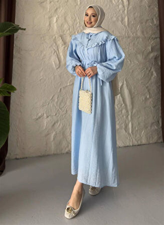 2508 Yarım Pat Fırfır Detaylı Bağıcıklı Bürümcük Elbise