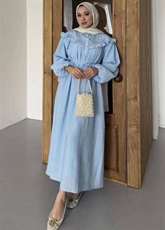 2508 Yarım Pat Fırfır Detaylı Bağıcıklı Bürümcük Elbise