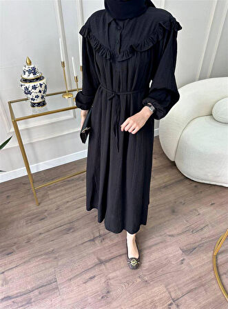 2508 Yarım Pat Fırfır Detaylı Bağıcıklı Bürümcük Elbise