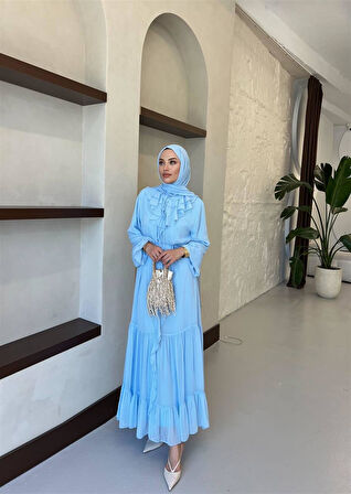 5729 Yaka ALt Volanlı Ön Boydan Fırfırlı Şifon Elbise