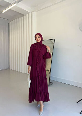 5729 Yaka ALt Volanlı Ön Boydan Fırfırlı Şifon Elbise