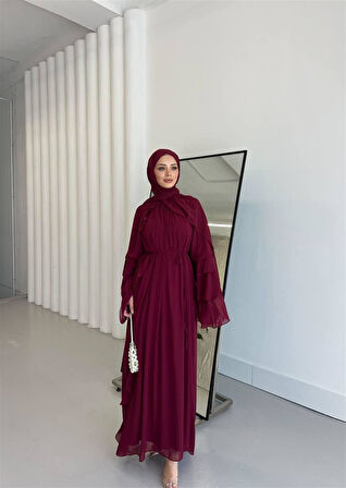 5730 Kolu Volanlı Pelerinli Şifon Elbise